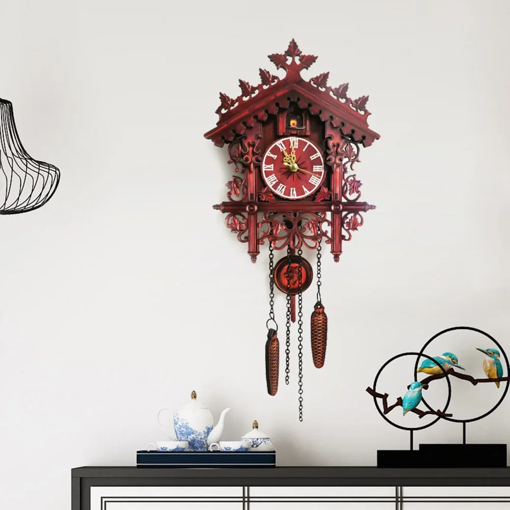 Vintage-Hausform, Kuckucksuhr, zentrales zweites Uhrwerk, Retro-Wanduhr aus MDF für Wohnzimmer, Schlafzimmer, Dekoration, Rot