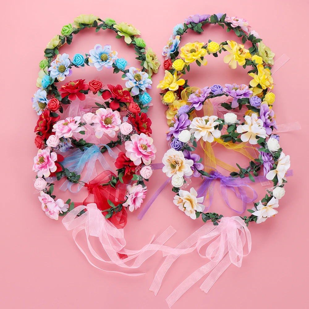 Neue Mode Böhmen Girlande Rose Blume Krone Frauen Stirnbänder mit verstellbaren Band Mädchen Blumenkranz Braut Halo Kopf bedeckung Image