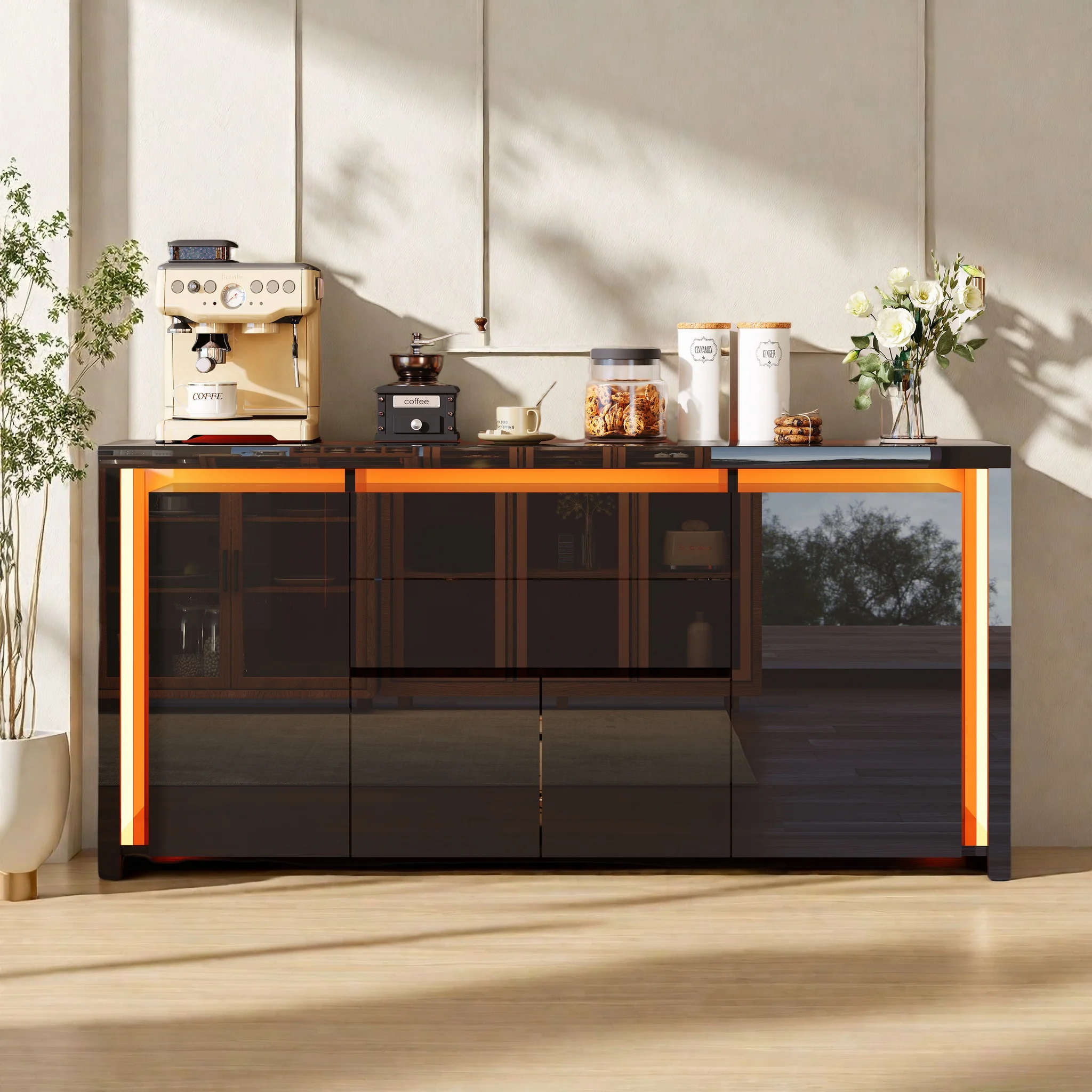 Buffet, meuble TV, avec éclairage LED, 4 portes, 2 tiroirs, table d'appoint, meuble de rangement, meuble a tiroir, noir