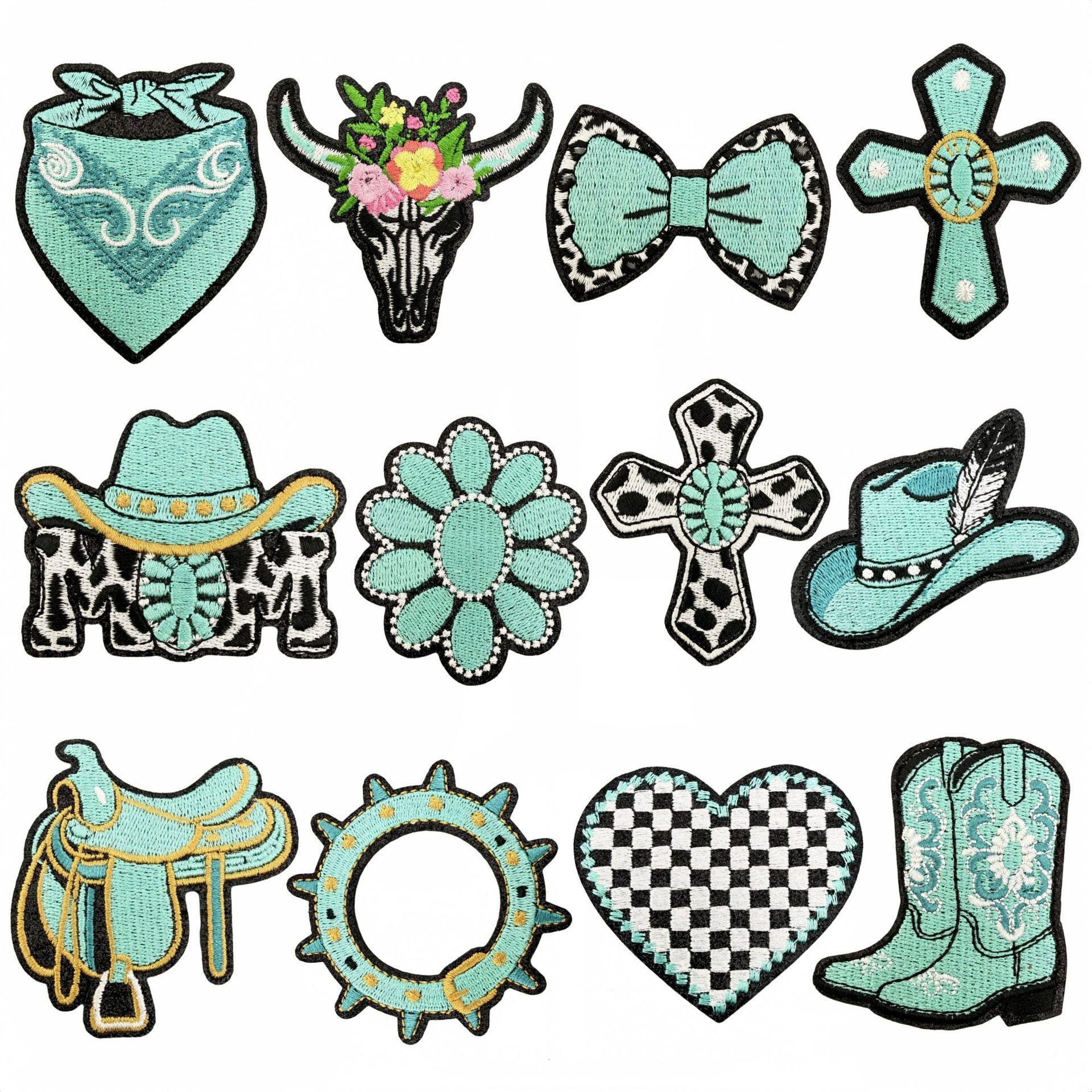 Toppa western turchese, toppa ricamata da cowboy, toppa per stivali, toppa per cappello, toppa a croce, toppa da stirare