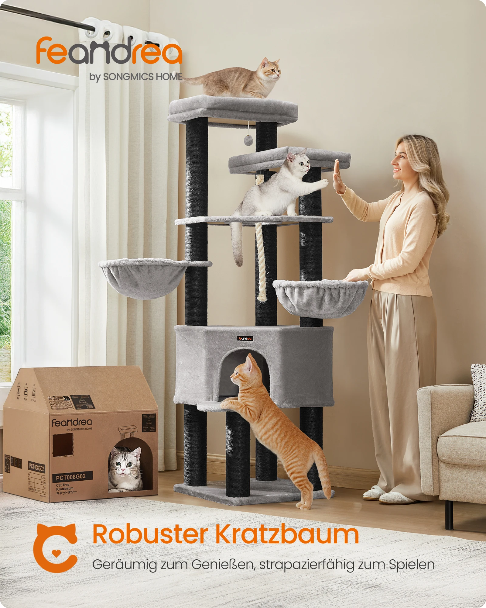 Feandrea Kratzbaum groß, mehrstöckiger Katzenbaum, XXL, 55 x 55 x 186,7 cm, 11 cm d Dicke Sisalstämme Image