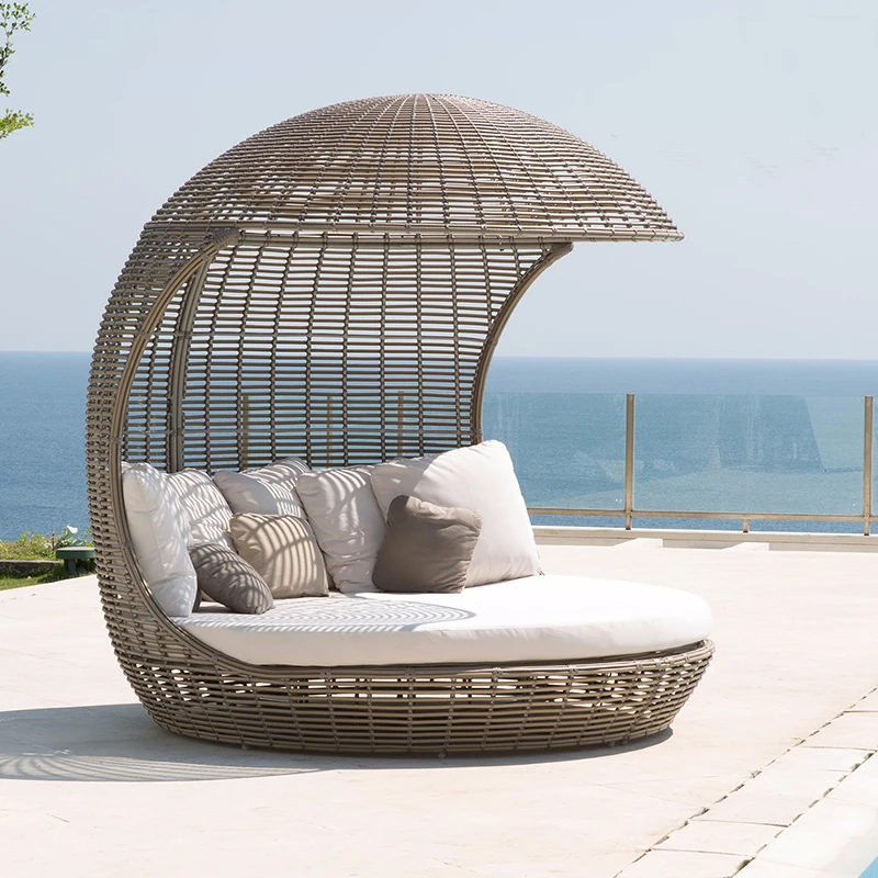 Heißer Verkauf Sonnenliege Mit Baldachin Outdoor Garten Set Erwachsene Tagebetten Korbmöbel Liege Chaise Strand Runde Lounge Bett Image