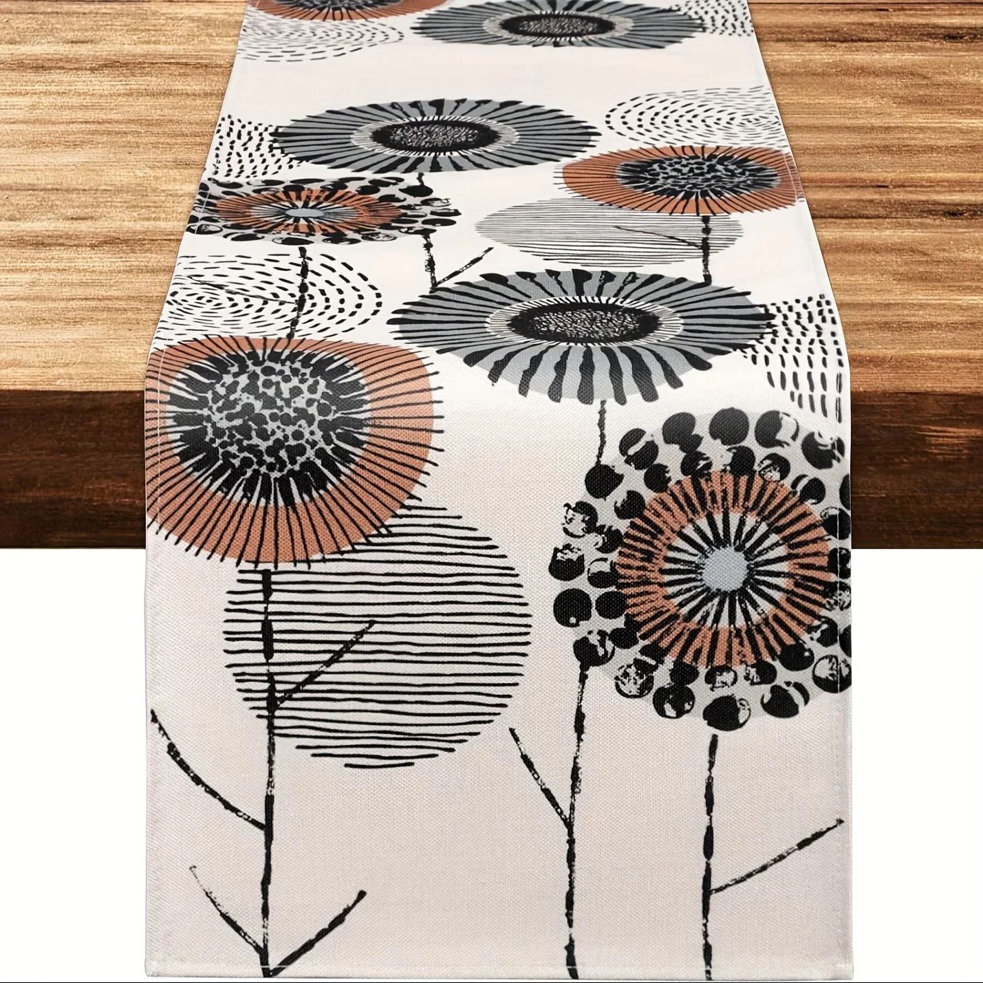 1-teiliger Kunst-Tischläufer mit abstraktem Blumenmuster, heller Hintergrund mit schwarzem und braunem kontrastierendem Blumenmuster, geeignet für Kunststudien, kreative Restaurants, Heimtextilien,