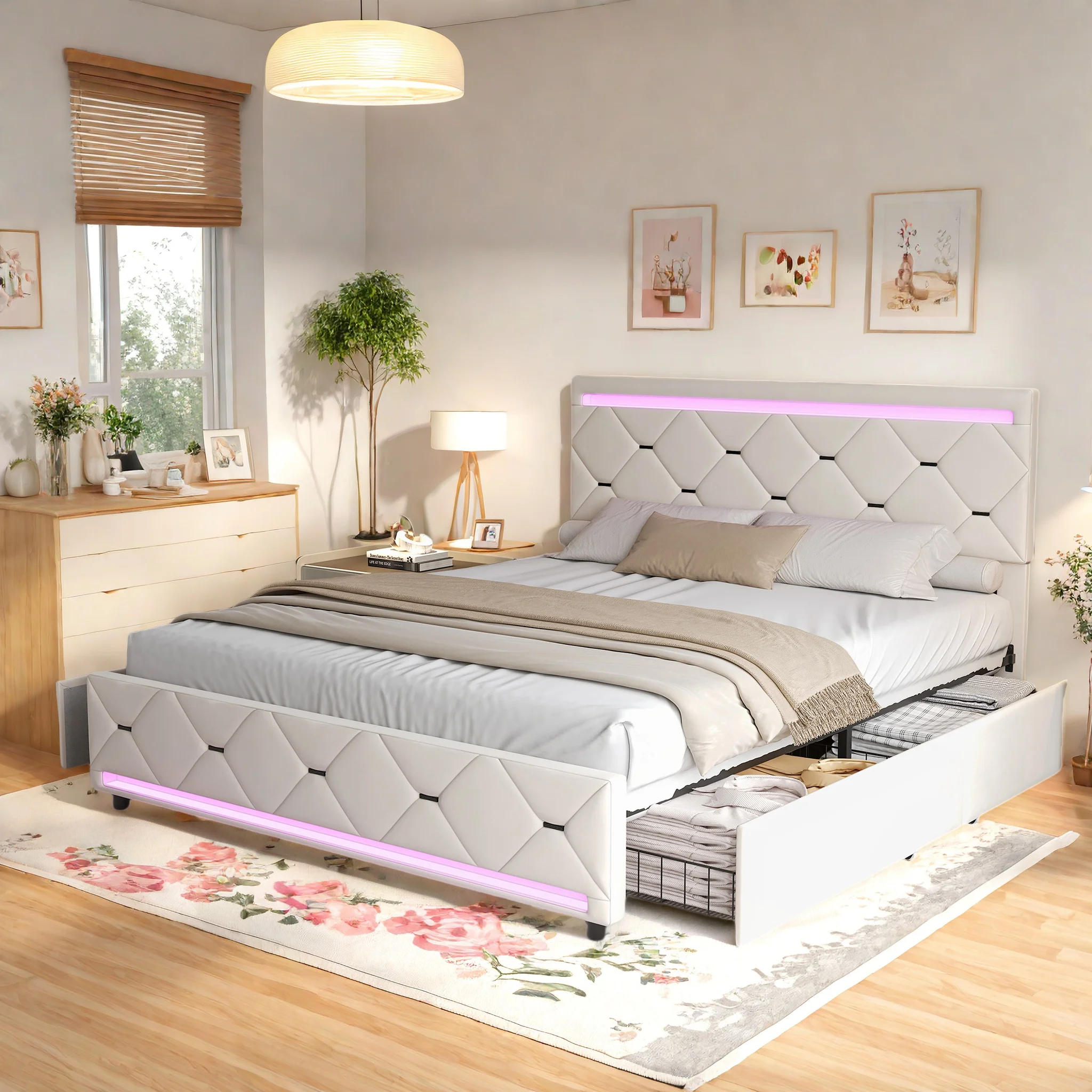 Polsterbett 140 x 190 cm mit 4 Schubladen, Doppelbett, Polsterbett mit Stauraum, Stauraumbett mit Lattenrost, Kinderbett, Funktionsbett mit LED-Beleuchtung und USB-Anschluss, Samt, Beige Image