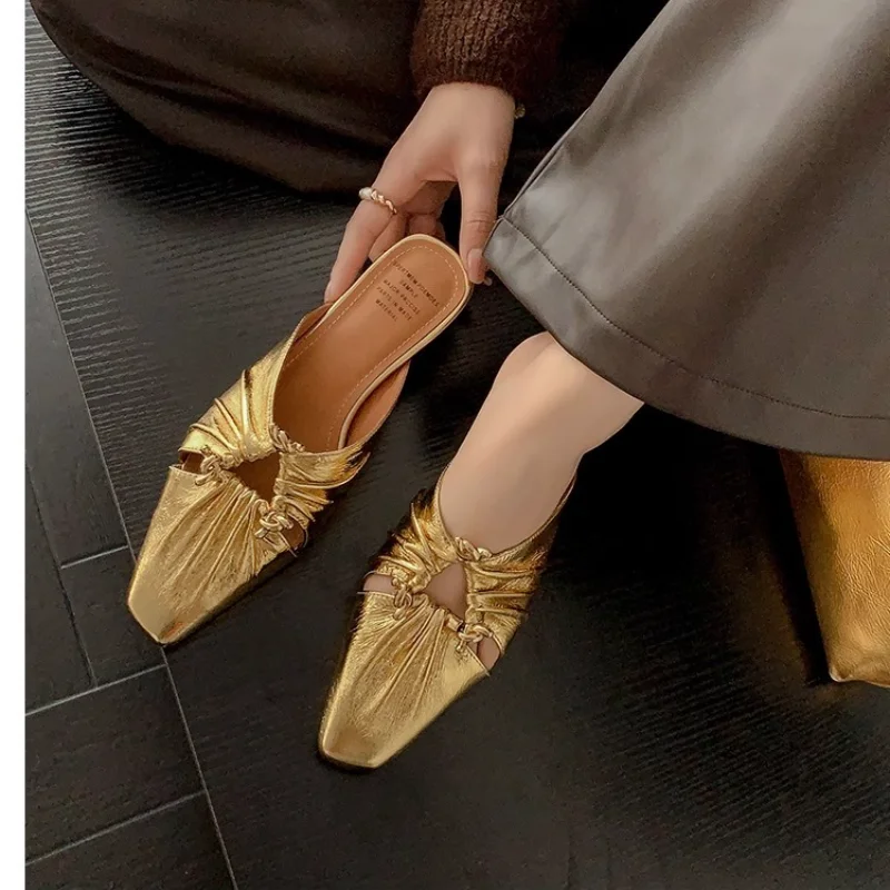 2025 neue Mode Niedrigen Absatz Frauen Schuh Frauen Schmale Band Silber Wohnungen Bling Bling Gold Runde Kappe Frühling Schuhe Image