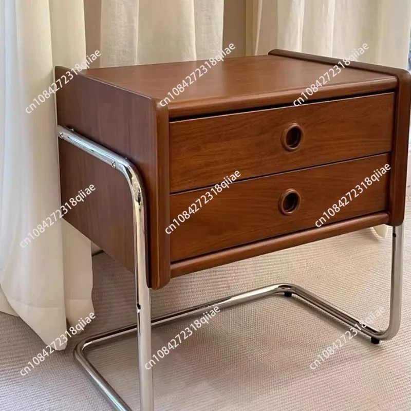 Minimalistischer Nachttisch, Vintage-Nachttisch aus massivem Holz, Schlafzimmer, 2-lagiges Schubladen-Aufbewahrungsregal, vielseitige Szene, Schlafzimmermöbel Image