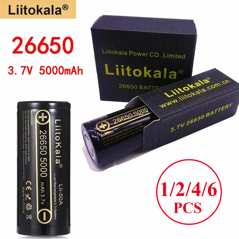 100 % echte Kapazität, 3,7 V, 26650, 5000 mAh, LiitoKala Li-Ionen-Akku, 20 A Entladung für starke Taschenlampen-Power-Batterien Image