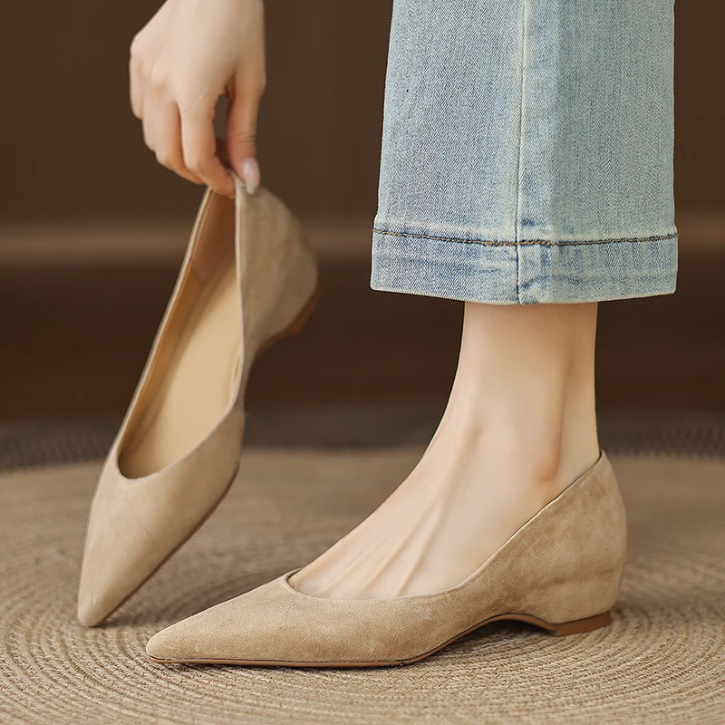 Handgemachte echtes Leder Wildleder 1CM Low Heels spitze Zehen Kleid Schuhe Frauen elegante Pumps Freizeitschuhe flache Schuhe