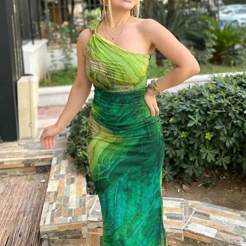 Abito sexy monospalla Abito lungo senza schienale con scollo a barchetta Abito longuette aderente senza maniche con stampa Abito estivo chic ed elegante slim fit