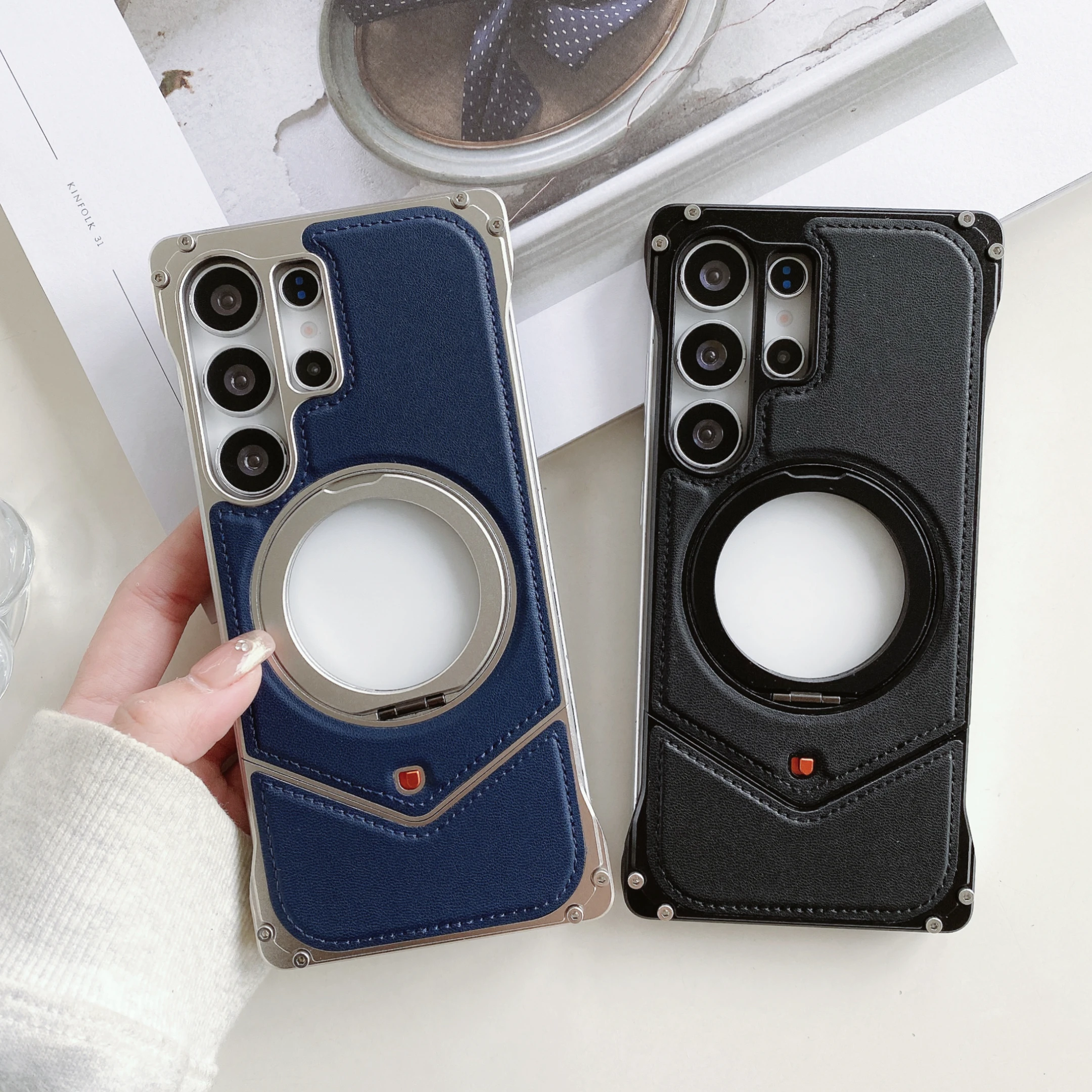 PU Leder Hard Cover Für Telefon Fall für Samsung S25 Ultra S24 S23 Rotierenden Halterung Magnetische Drahtlose High-end-telefon Fall Metall