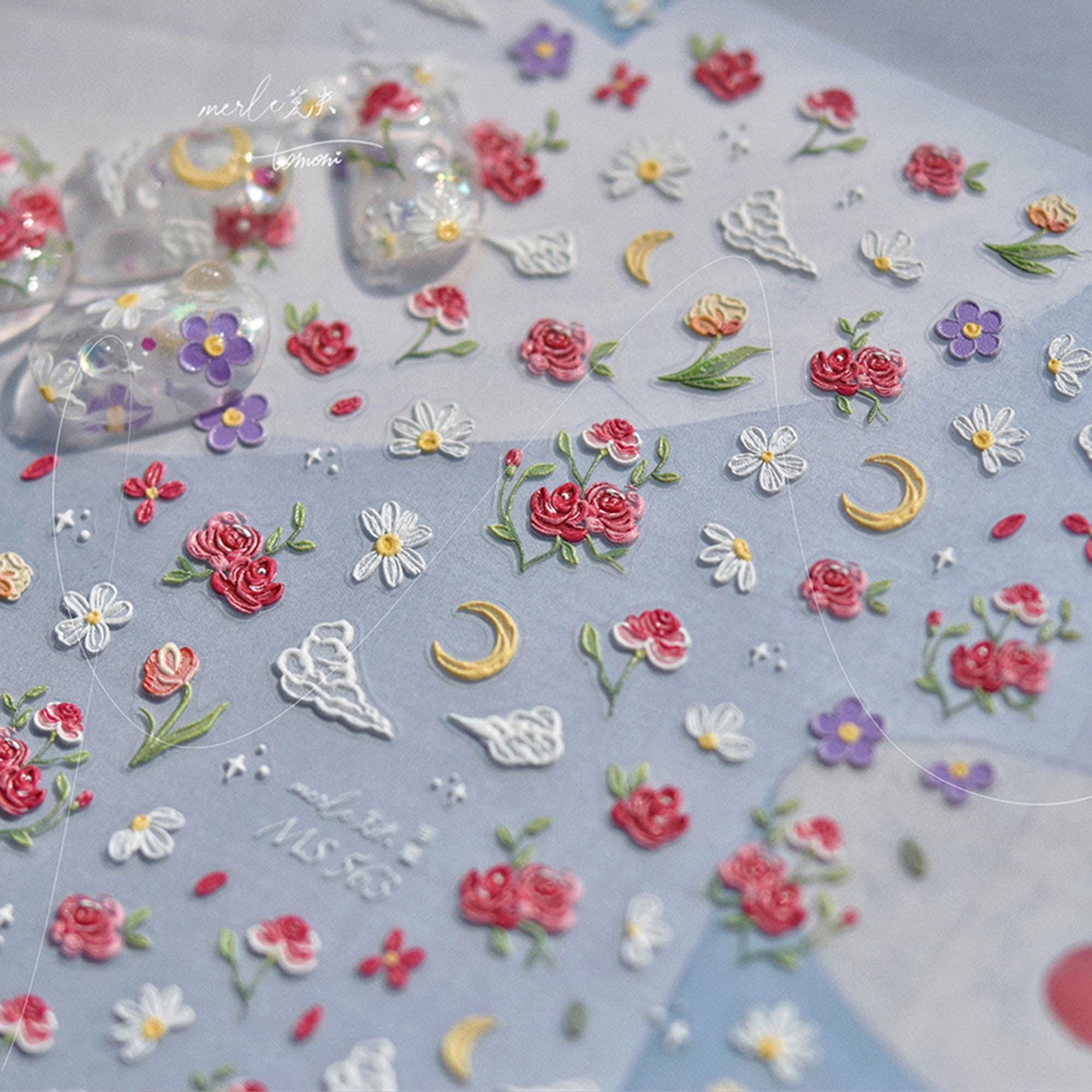 Adesivi per unghie con rose e margherite, decalcomanie per unghie con rose, adesivi per unghie con rose rosse, adesivi per nail art con fiori, adesivi