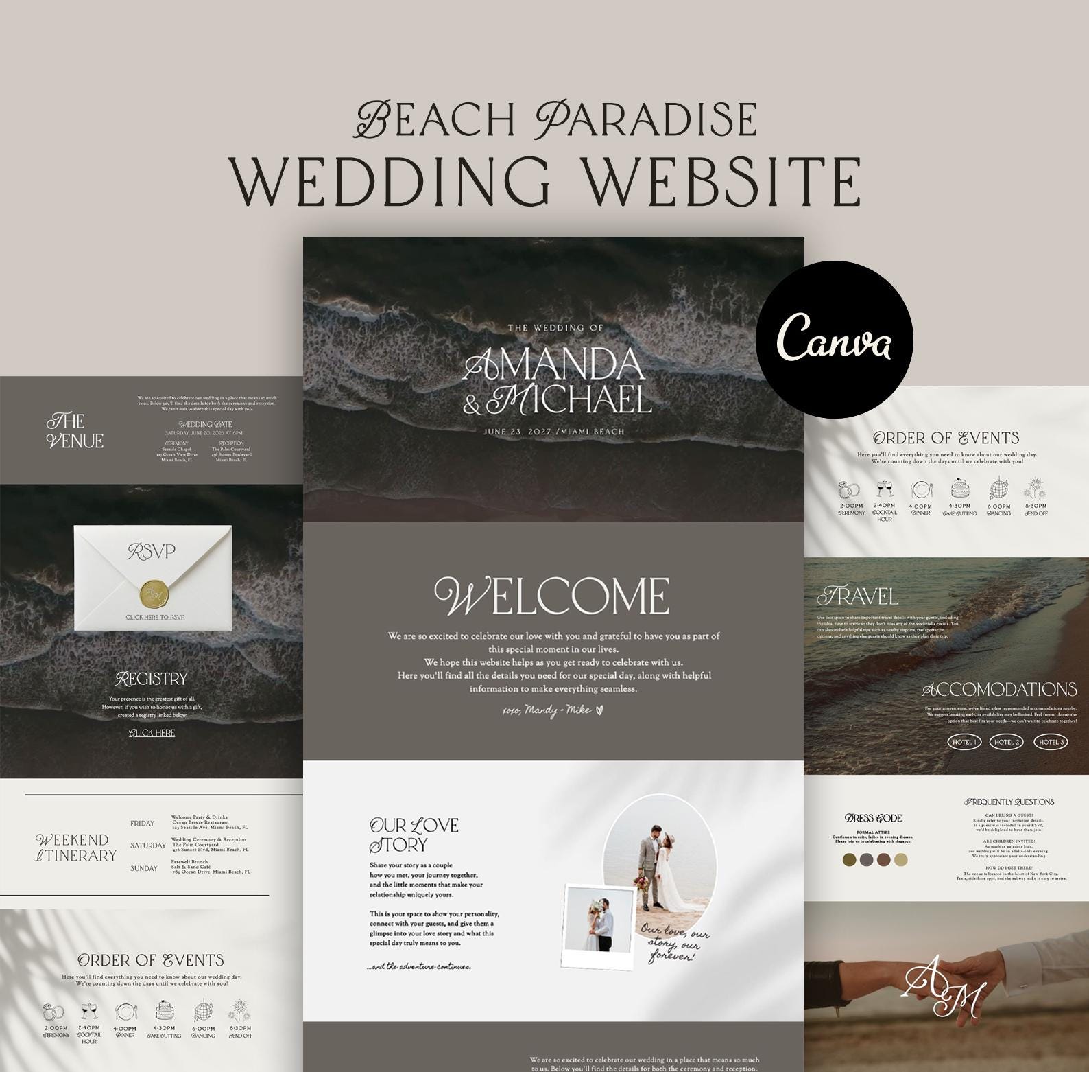 Modello di sito web per matrimoni in spiaggia, modello di sito web per matrimoni stravaganti Canva, modello di sito web per matrimoni eleganti, salva