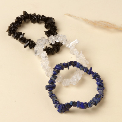 Cool Triad,'Set of 3 Quartz Lapis Lazuli and Obsidian Stretch Bracelets'