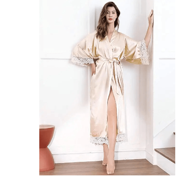 Silk Satin Lace Long Wedding Robe For Bride And Bridesmaid gray l