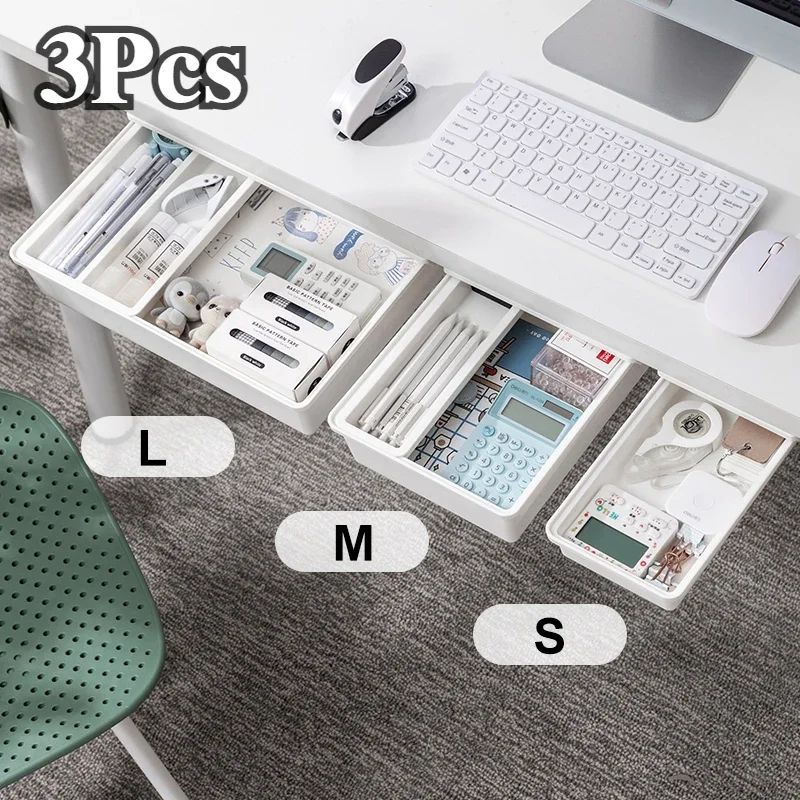 Under Desk Self Stick Hidden Storage Drawer Box white l 5 Cells