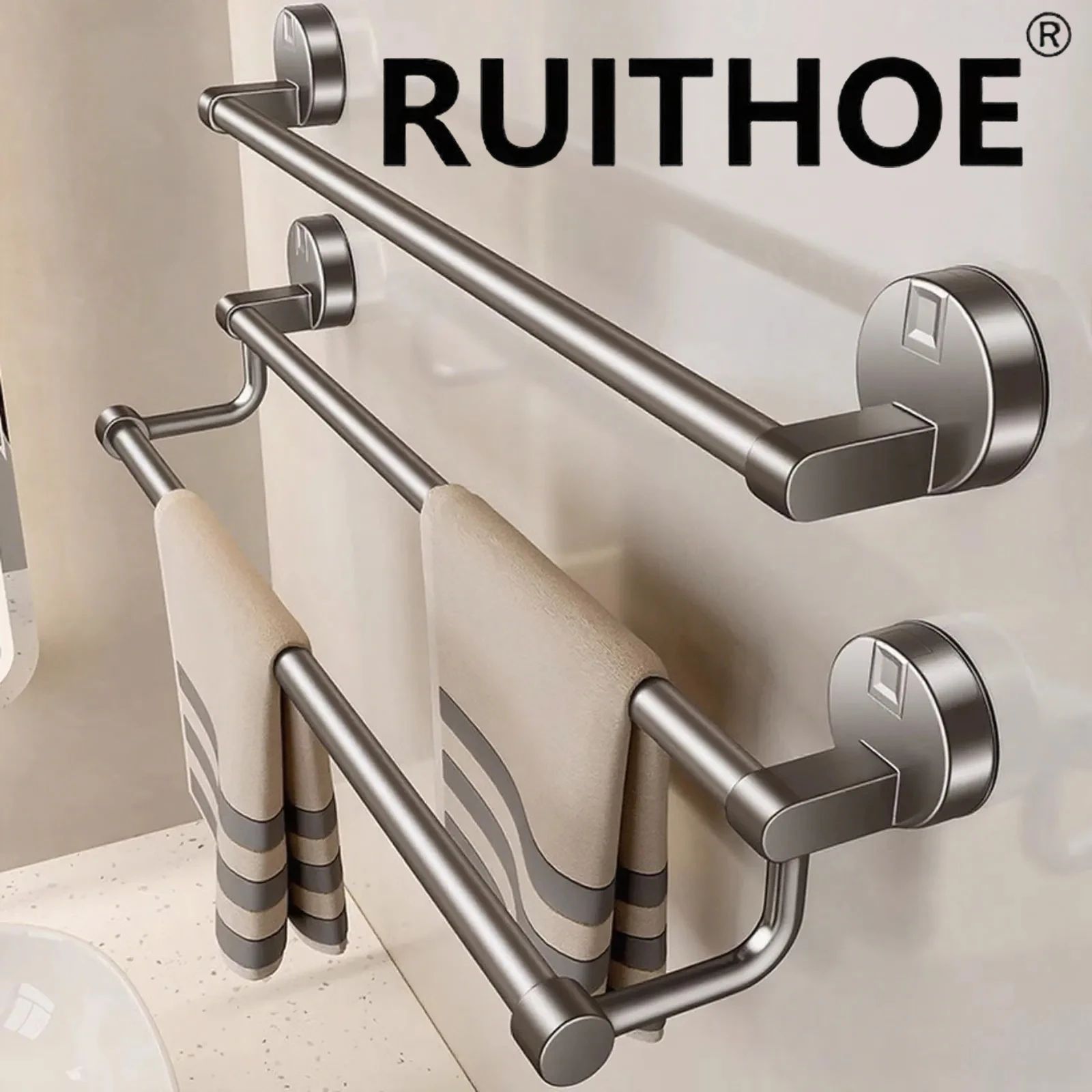 Suction Cup Towel Rack Wall Mount No Drill Double Bar Bathroom Organizer (30 40 50cm) white 40cm 2 Layers