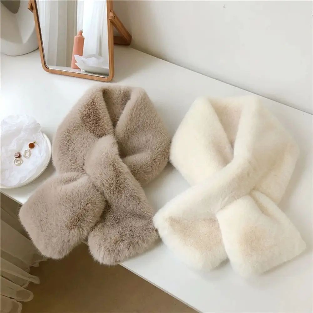 Plush Cross Faux Rabbit Fur Scarf For Women Soft Winter Neck Warmer Collar cream