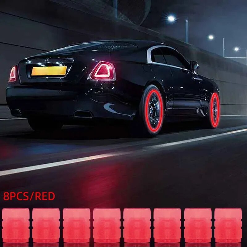 Luminous Valve Stem Caps For Motorcycle, Bicycle, Car Wheels Fluorescent Night Glowing Tyre Hub Cap Decor red