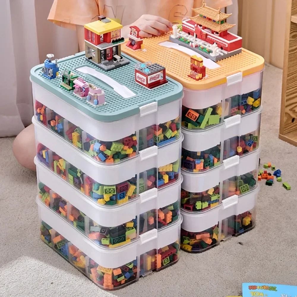 Stackable Transparent Building Block Storage Box Dustproof Toy Organizer yellow (2 Layers)