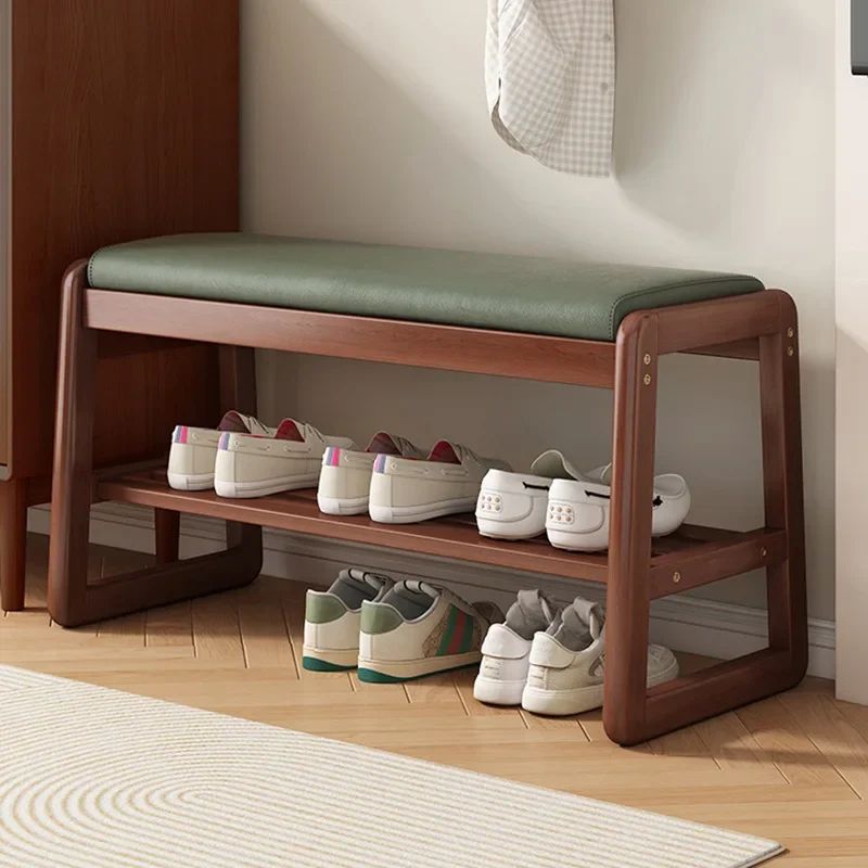 Rattan Woven Shoe Bench With Solid Wood Frame Entryway Multi Layer Storage Stool log Color 50cm A