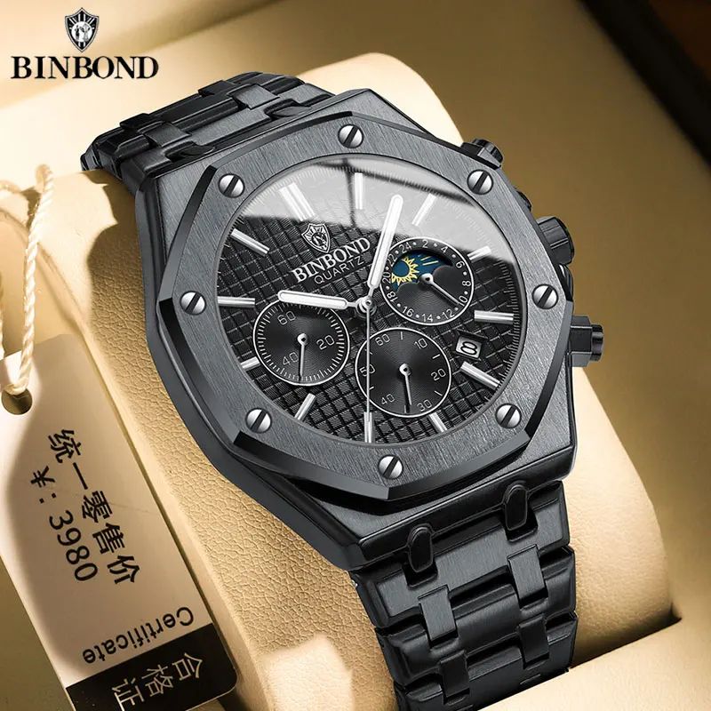 BINBOND B0161 Luxury Stainless Steel Men's Quartz Watch With Luminous Date & Chronograph black