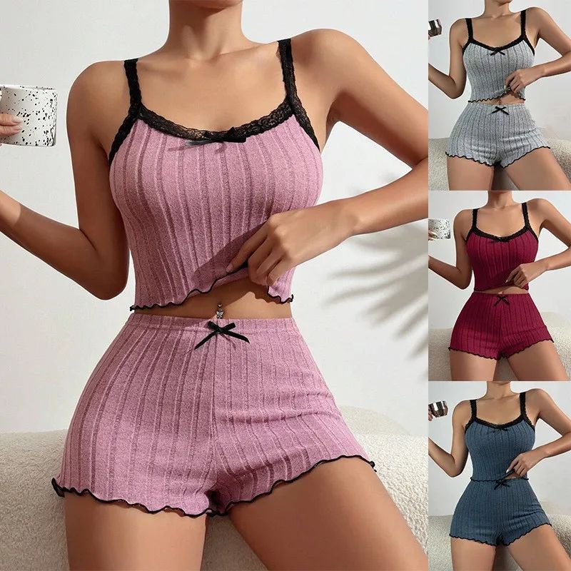 Women Summer Ribbed Knit Lace Trim Cami Pajama Set pink s