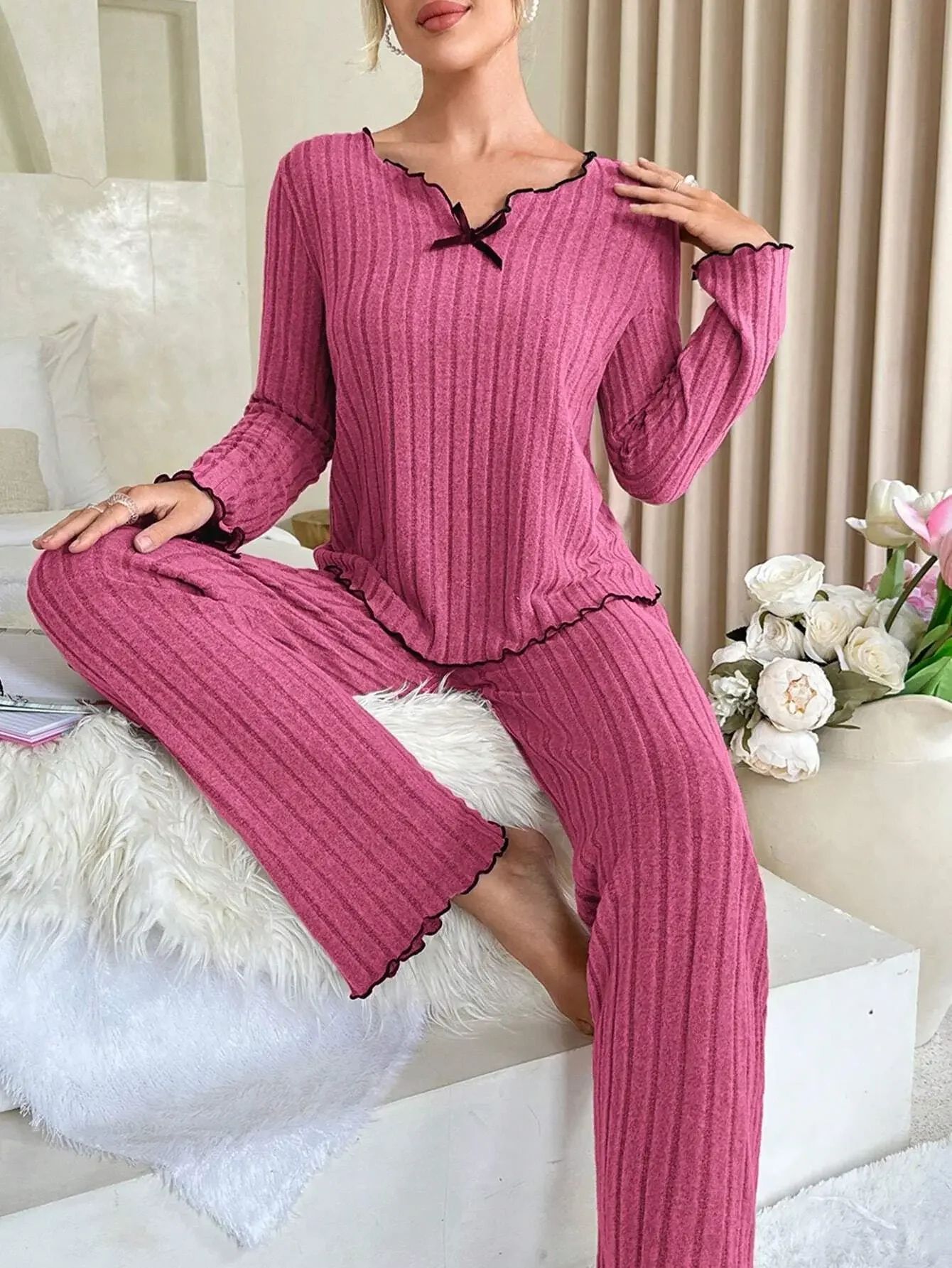 CozyChic Ribbed Knit Womens Pajama Set Soft Long Sleeve Winter Sleepwear Loungewear 2 xl
