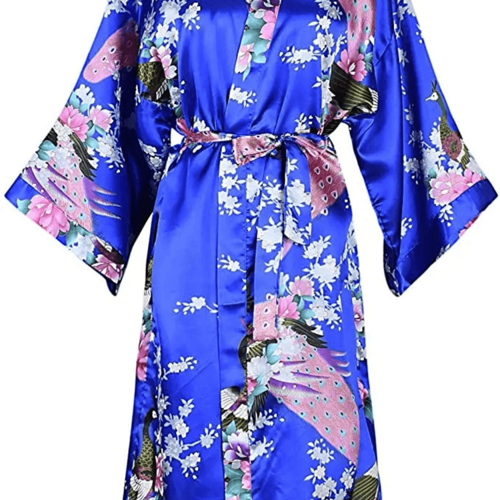 Floral Satin Kimono Robe For Bride And Bridesmaid royal Blue xxl