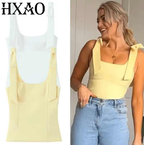 HXAO Butterfly Off Shoulder Crop Top Cute Bow Backless Summer Cami black m(us 6)