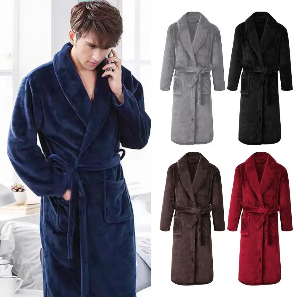 Mens Plush Flannel Winter Bathrobe Thick Lined Medium Length Home Robe coffee l
