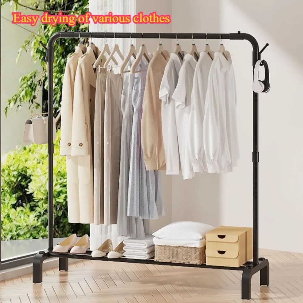 Detachable Metal Clothes Rack Floor Standing Garment & Drying Rack With Side Hooks single Pole Black 47.24 In