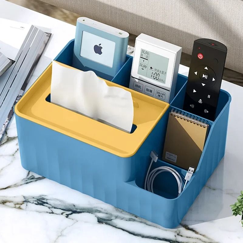 Multifunctional Desktop Tissue Storage Box With Remote Organizer blue (3 Squares)