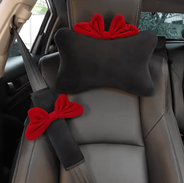 BowRide Plush Car Neck Pillow Cute Red Bowknot Headrest & Seatbelt Support Cushion For Women 1pc Neck Pillow