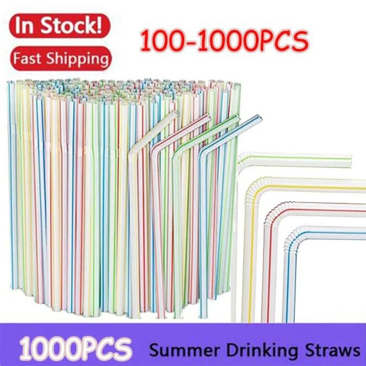 Multicolor Fluorescent Straws | Bendable Drinking Straws For Wedding Decor & Party Supplies stripe 1000 Pcs