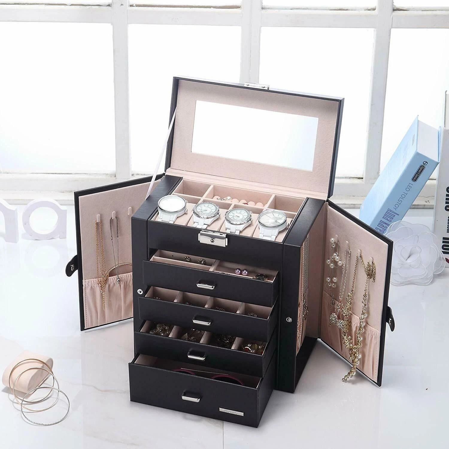 Large Jewelry Organizer Box With Drawers For Watches, Rings, Necklaces & Jewelry Storage Large Jewelry Organizer Box With Drawers For Watches, Rings, Necklaces & Jewelry Storage
