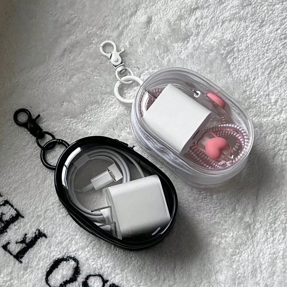 Portable Transparent Storage Bag With Zipper Multi purpose Headphone & Charger Case For Travel With Keychain white