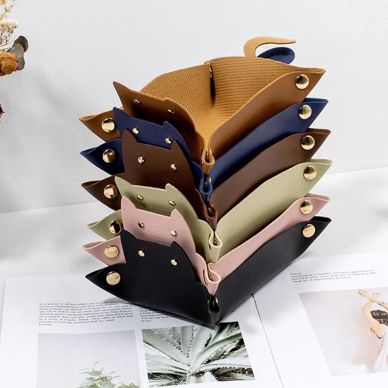 PU Leather Cat Shape Storage Tray Desktop Jewelry Organizer brown