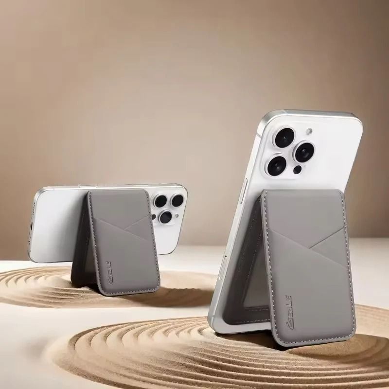 Detachable Leather Magnetic Wallet & Phone Stand Premium Card Holder For MagSafe gray