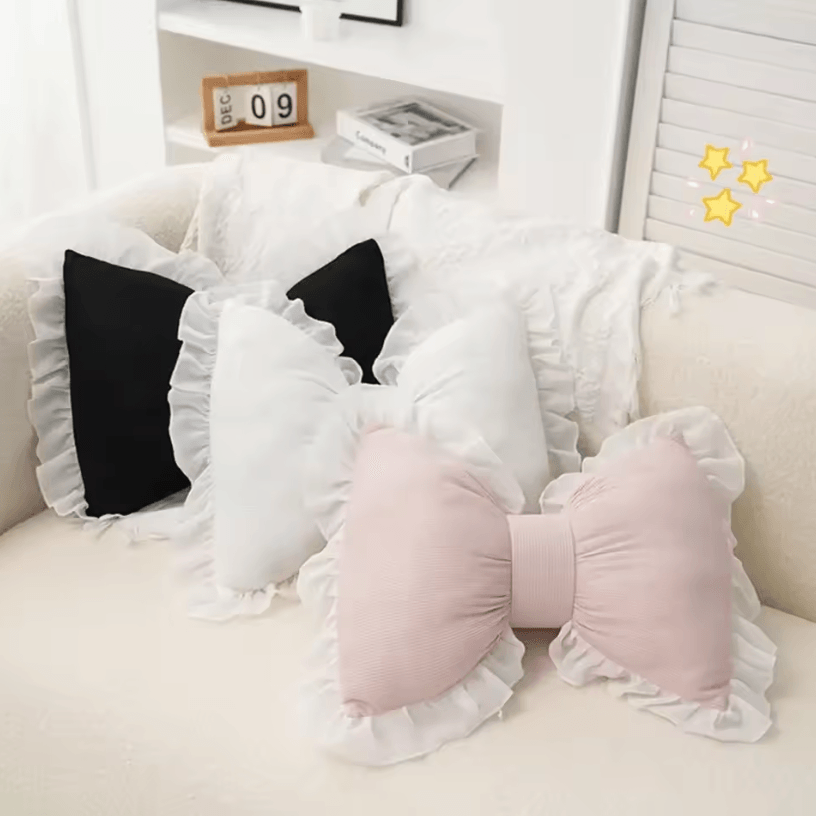 BowBliss Plush Decorative Sofa Pillow Pink Bow Lace Cushion For Bed, Car & Home Comfort white
