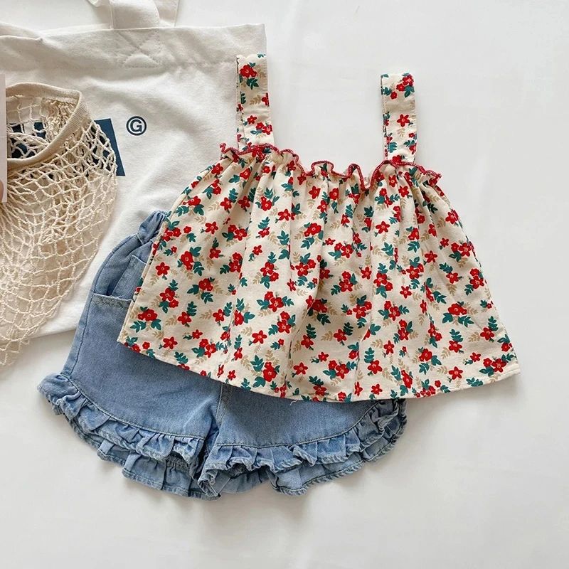 Girls Summer Casual Outfit Set With Suspender Skirt And Shorts sling Skirt Suit 4 5t