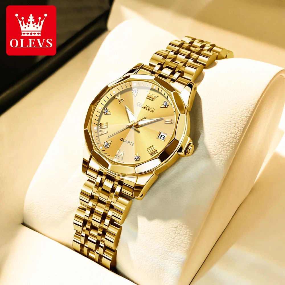OLEVS Elegant Golden Women's Quartz Watch Waterproof Stainless Steel Luxury Ladies Wristwatch gold Black