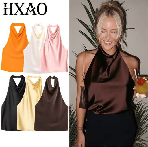 HXAO Satin Halter Backless Corset Top Elegant Summer Tank For Women green m(us 6)