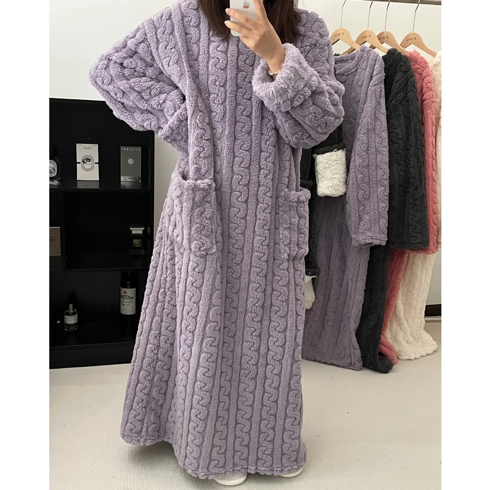 Womens Winter Coral Velvet Long Sleeping Gown Warm Loungewear purple 2xl