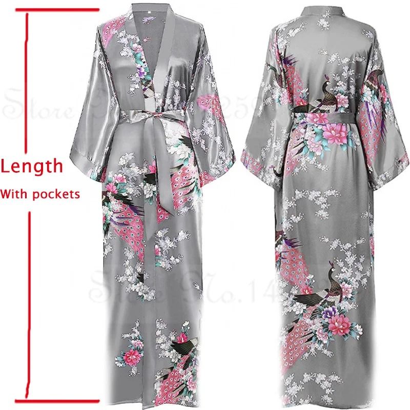 Luxurious Long Satin Kimono Robe Professional Bride & Bridesmaid Dressing Gown With Pockets black B xl