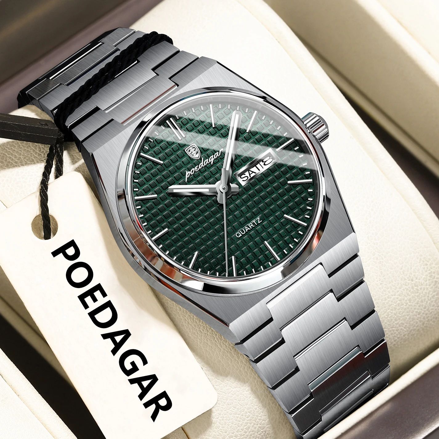 POEDAGAR Luxury Stainless Steel Waterproof Men's Quartz Watch With Luminous Date & Week silver Green