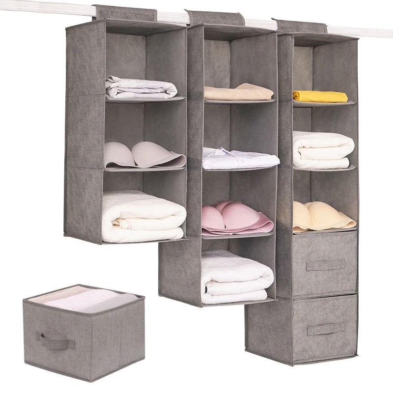Collapsible Wardrobe Hanging Storage Organizer With Drawer Shelves beige (4 Layers)