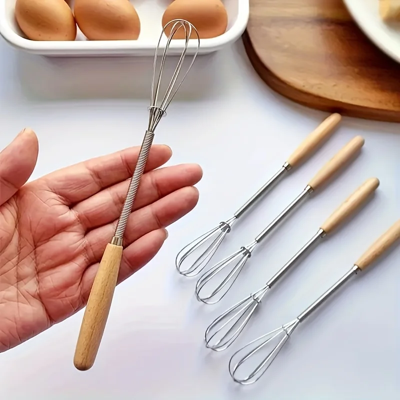 Wooden Handle Whisk, Stainless Steel Mini Egg Beater, Cake Mixer For Kitchen 3pcs
