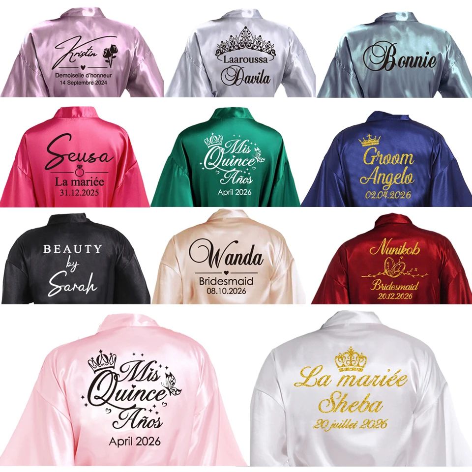 Personalized Faux Silk Bridal Robe With Custom Name & Date Elegant Bride & Bridesmaid Getting Ready Robe navy Blue xl