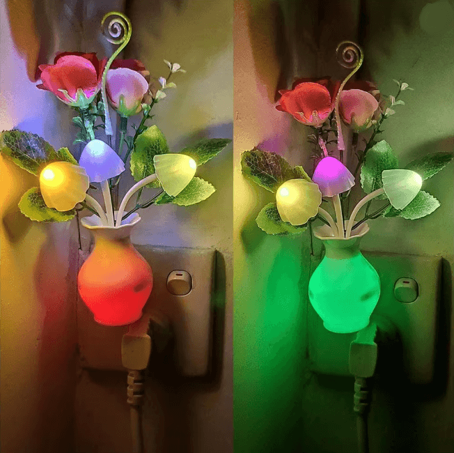 LED Night Light With Auto Sensor Rose Mushroom Plug In Lamp us Plug