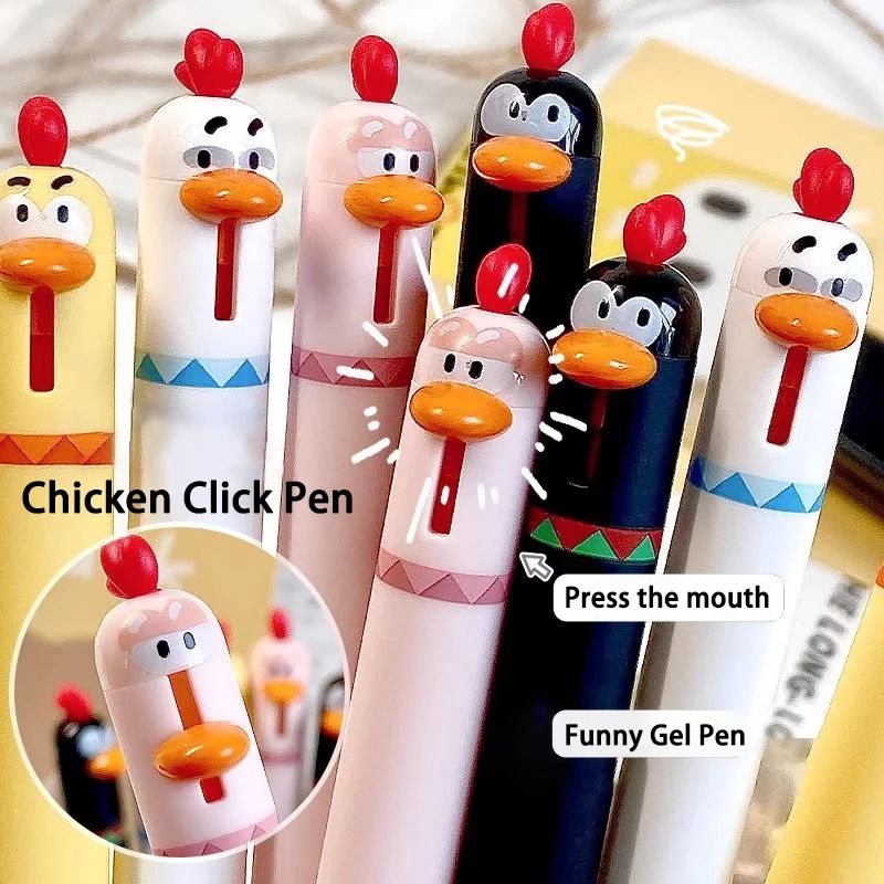 Funny Chicken Click Gel Pen 0.5mm Fast Drying Stress Relief Toy & Cute Korean Stationery For School white (5 Pcs)